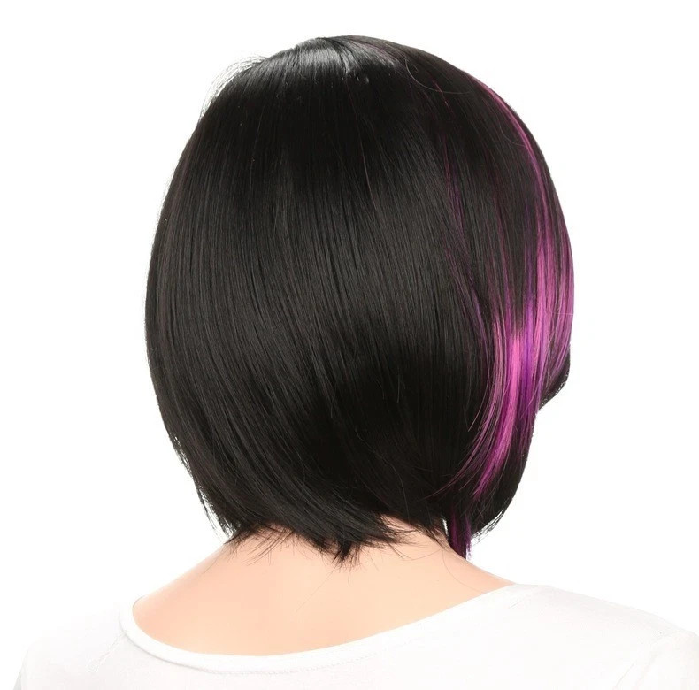 Women’s Black Purple Mix Short Straight Bob Wigs Side Bangs Synthetic Party Wig