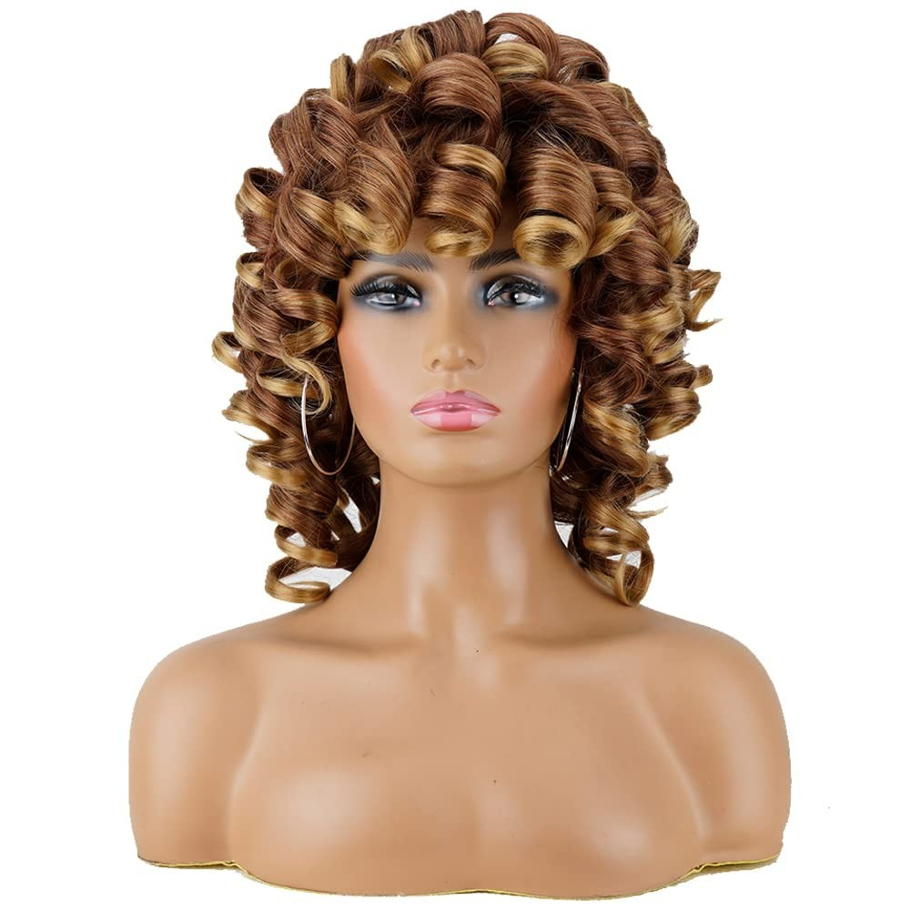 Short Afro Kinky Curl Wig with Bangs – 14-Inch Synthetic Beauty in Ombre Blonde