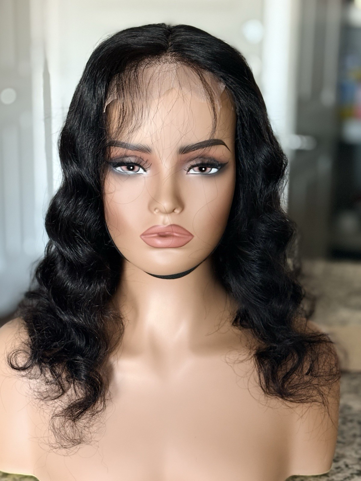 Natural Black Body Wave Human Hair Wig 16inch 4×4 Lace Closure Glueless
