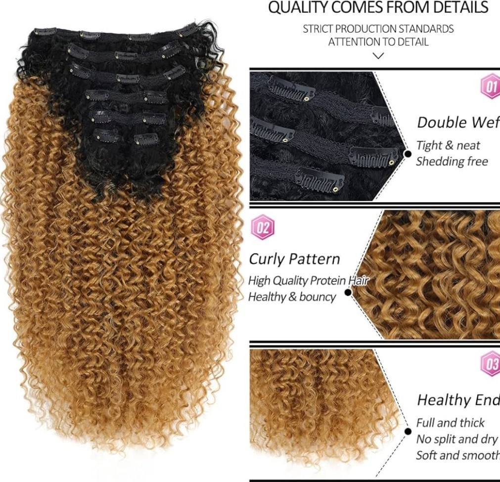 BHF 26″ Kinky Curly Clip-In Hair Extensions, Japanese Heat-Resistant T1B/27