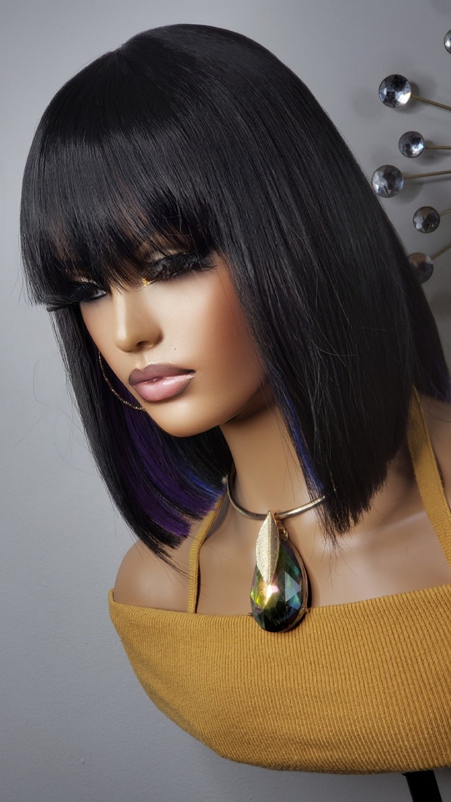 New Short Human Hair Blend Straight Bob Wrap Full Cap Wig Black Blue Purple Wig