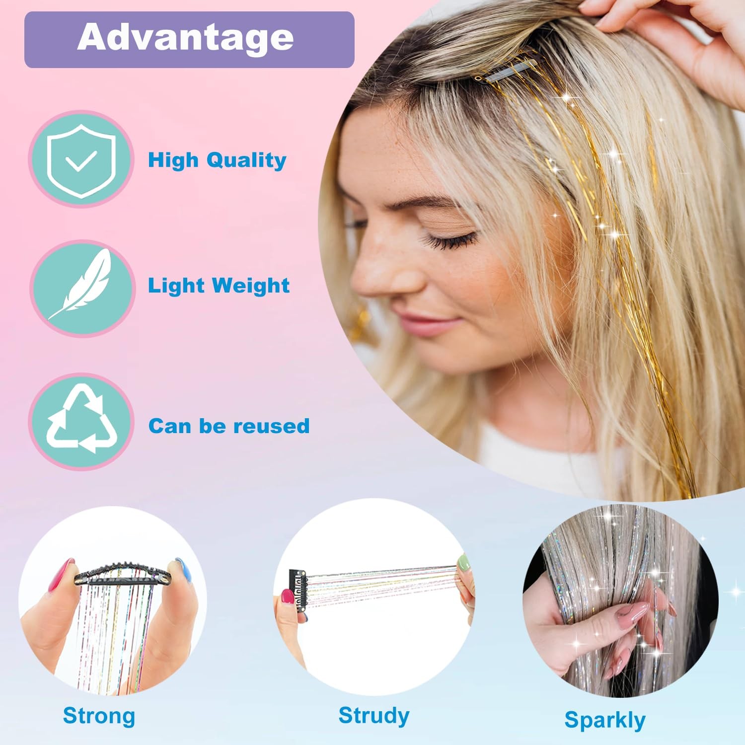 18pcs Hair Tinsel Clip in Kit Glitter 18pcs, Colorful