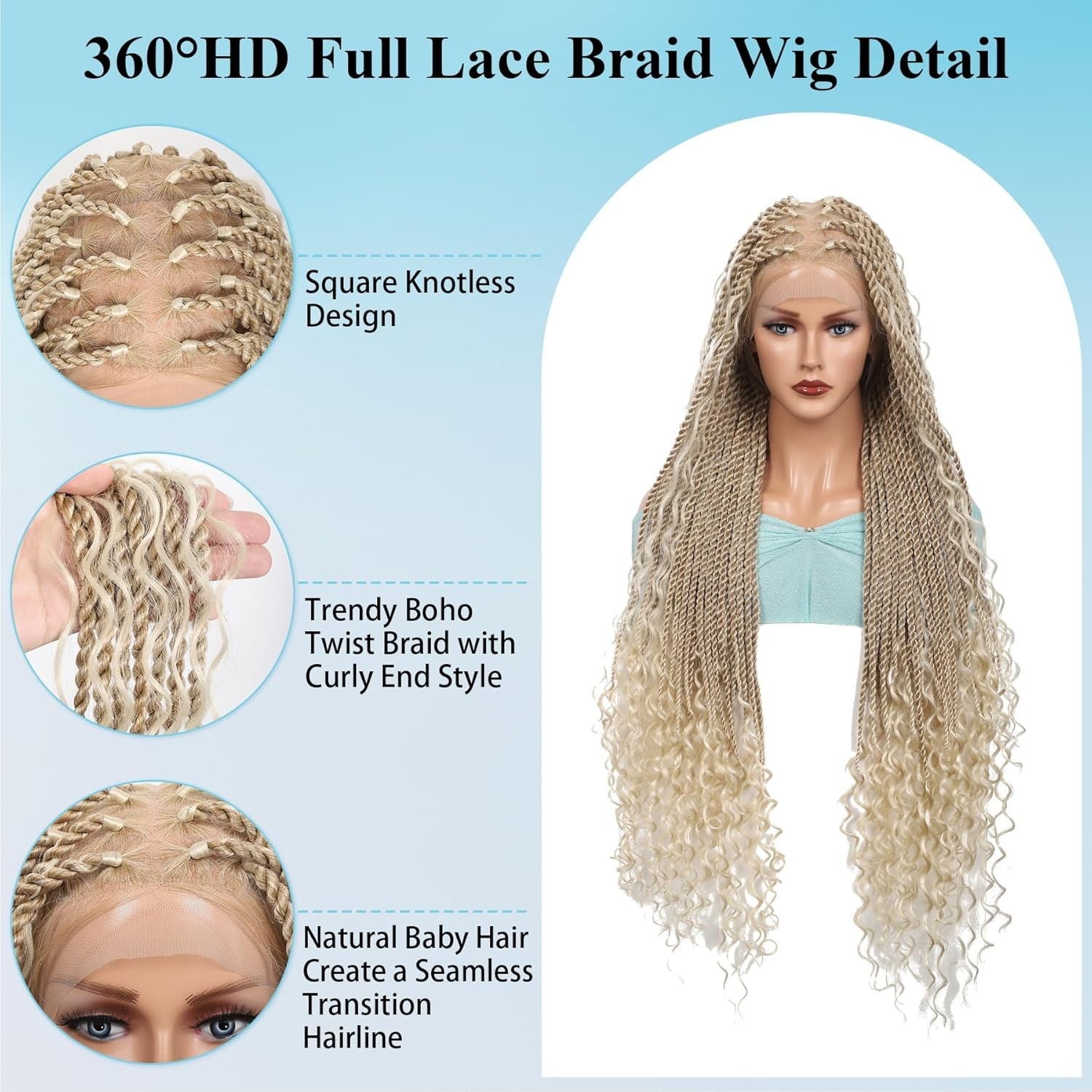 Braided Wig Light Blonde Boho Box Braids Full Lace Glueless Curly Ends 32″ Long