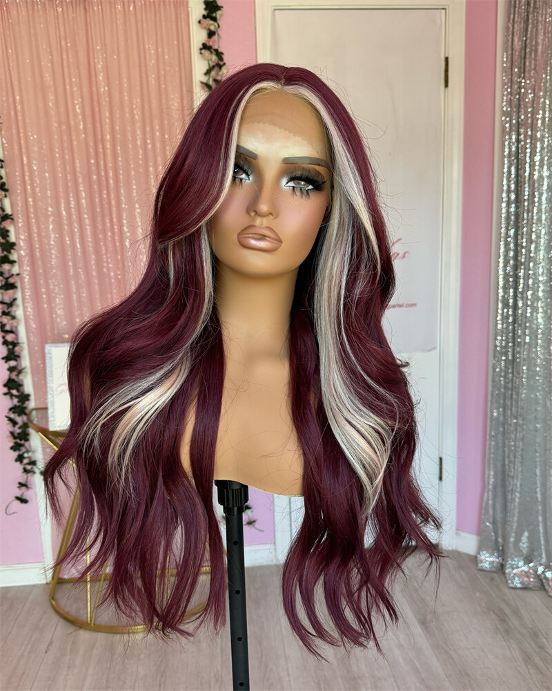 Burgundy Red with Blonde Highlight 13×4 Lace Front Wigs Human Hair Wig Body Wave