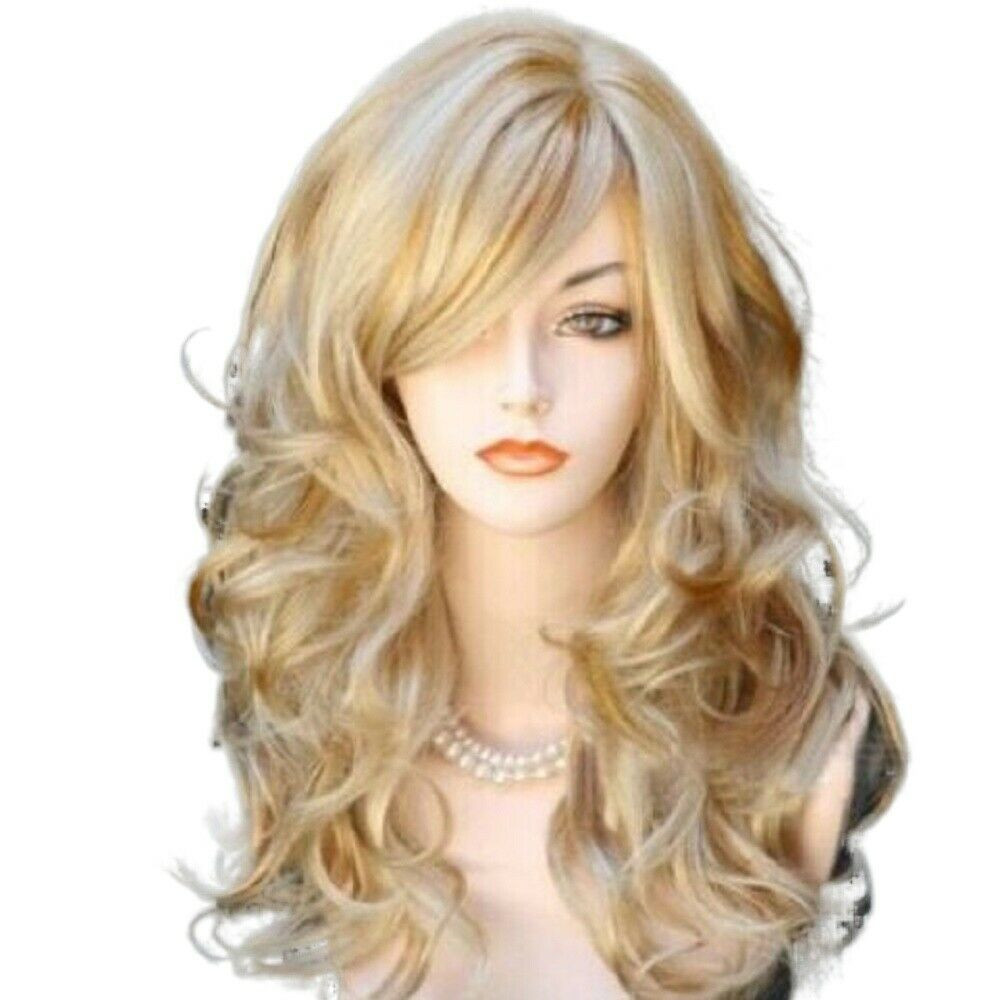 23″ Women Long Blonde Curly Wig Natural Wavy Hair Wigs w/ Bangs Cosplay Party