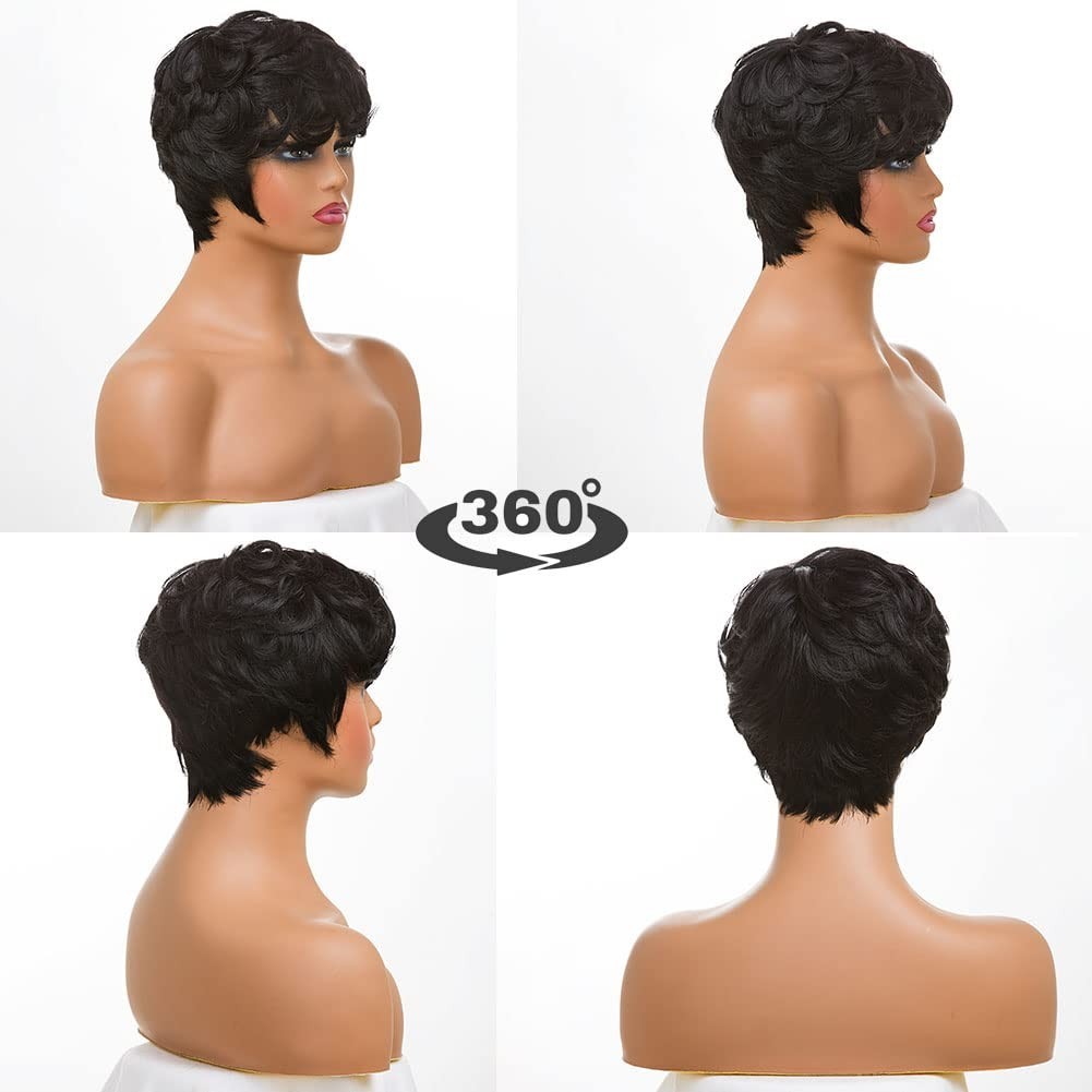 Natural Human Hair Black Pixie Cut Wig with Bangs