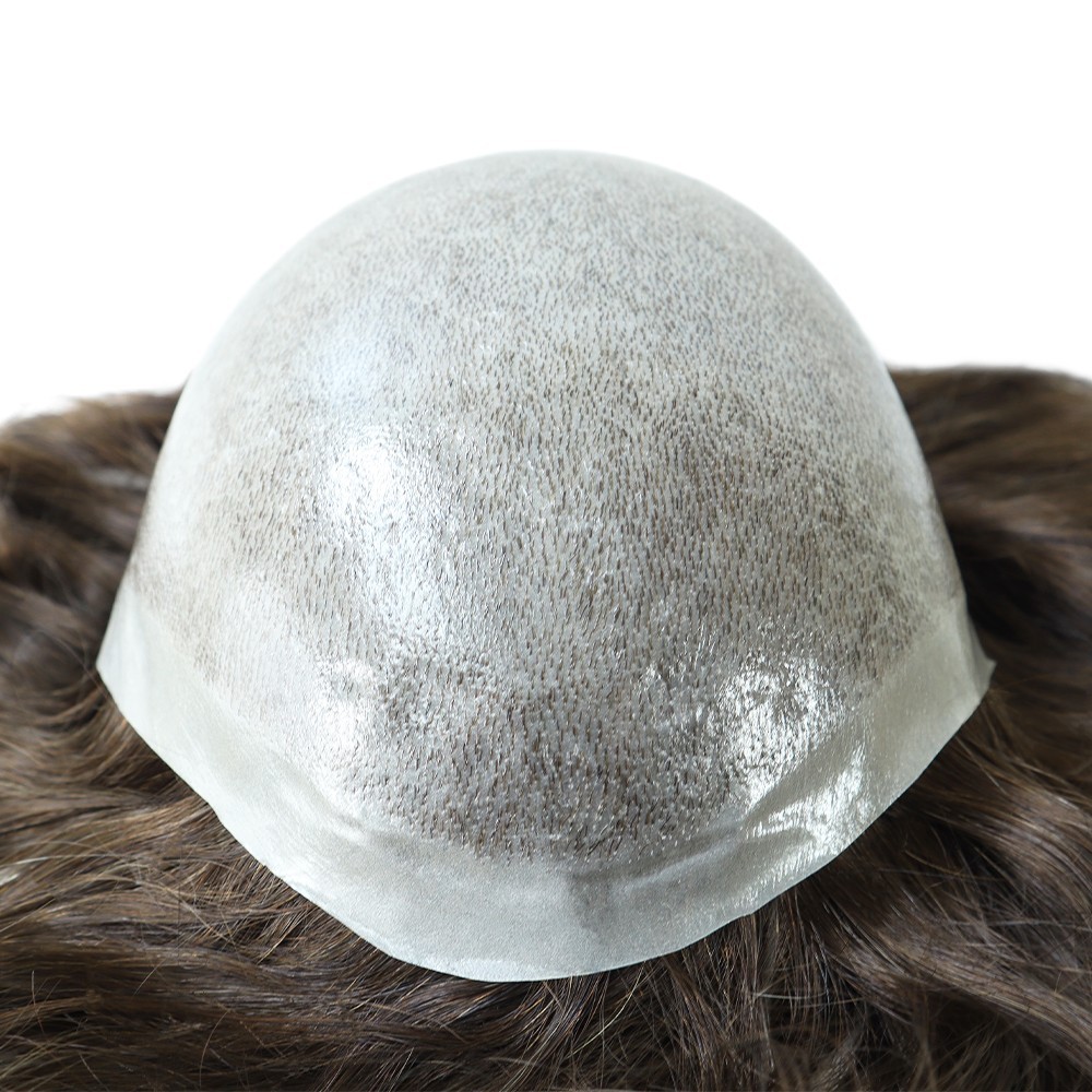 Mens Toupee Full Poly Skin Injected PU Human Hair System Replacement Wig for Men