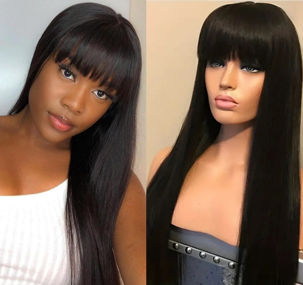 Black Long Straight Cosplay Party Wigs With Bangs Halloween Soft Synthetic Hair