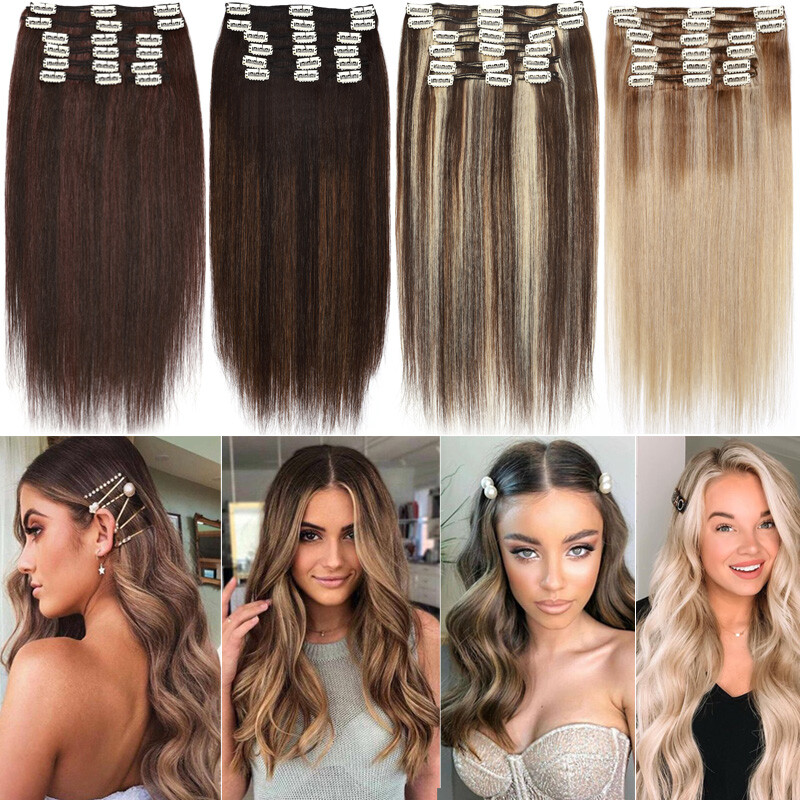 Super Thick Double Weft Clip In Remy Human Hair Extensions Full Head Blonde 140g