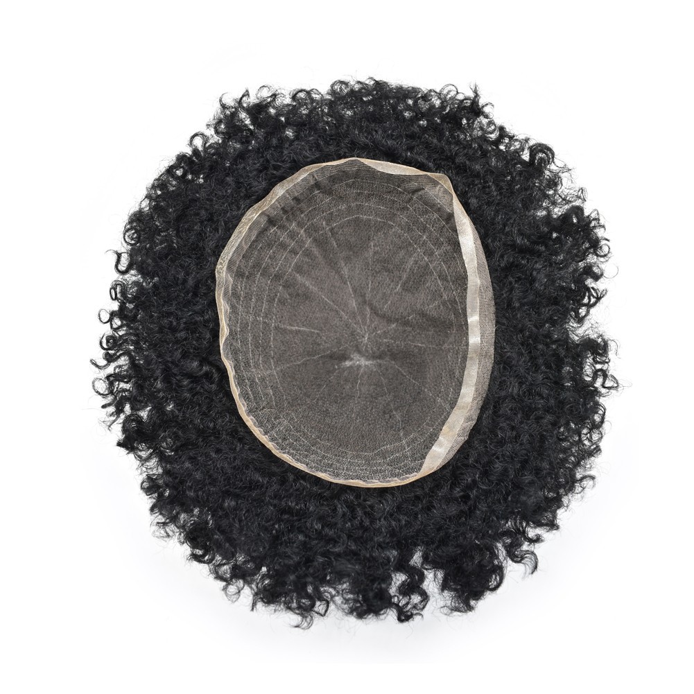 Full Lace Afro Curl Mens Toupee African American Human Black Hair Curly Systems