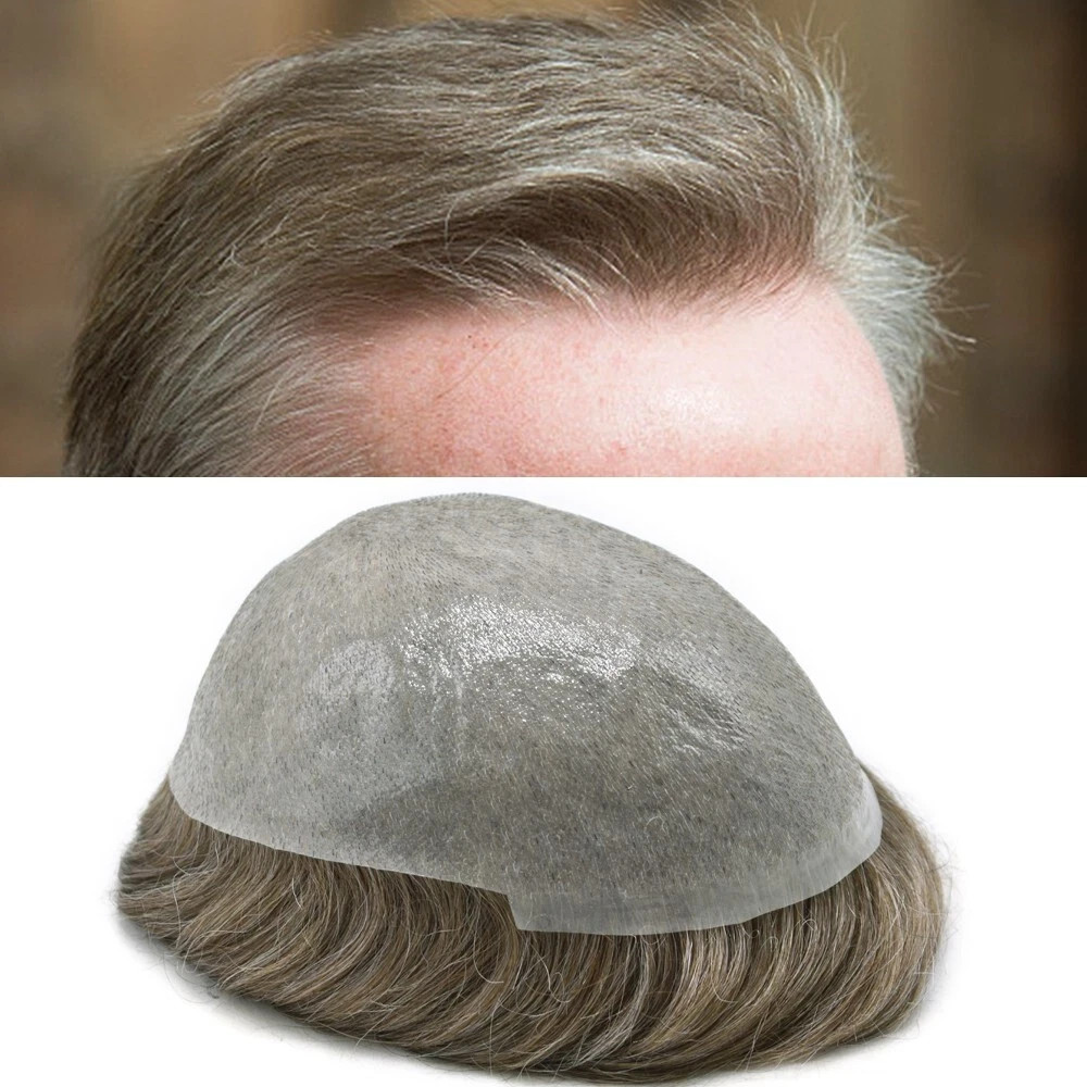 Mens Toupee HumanHair Piece Ultra Thin Skin V-Loop Men HairReplacement System US