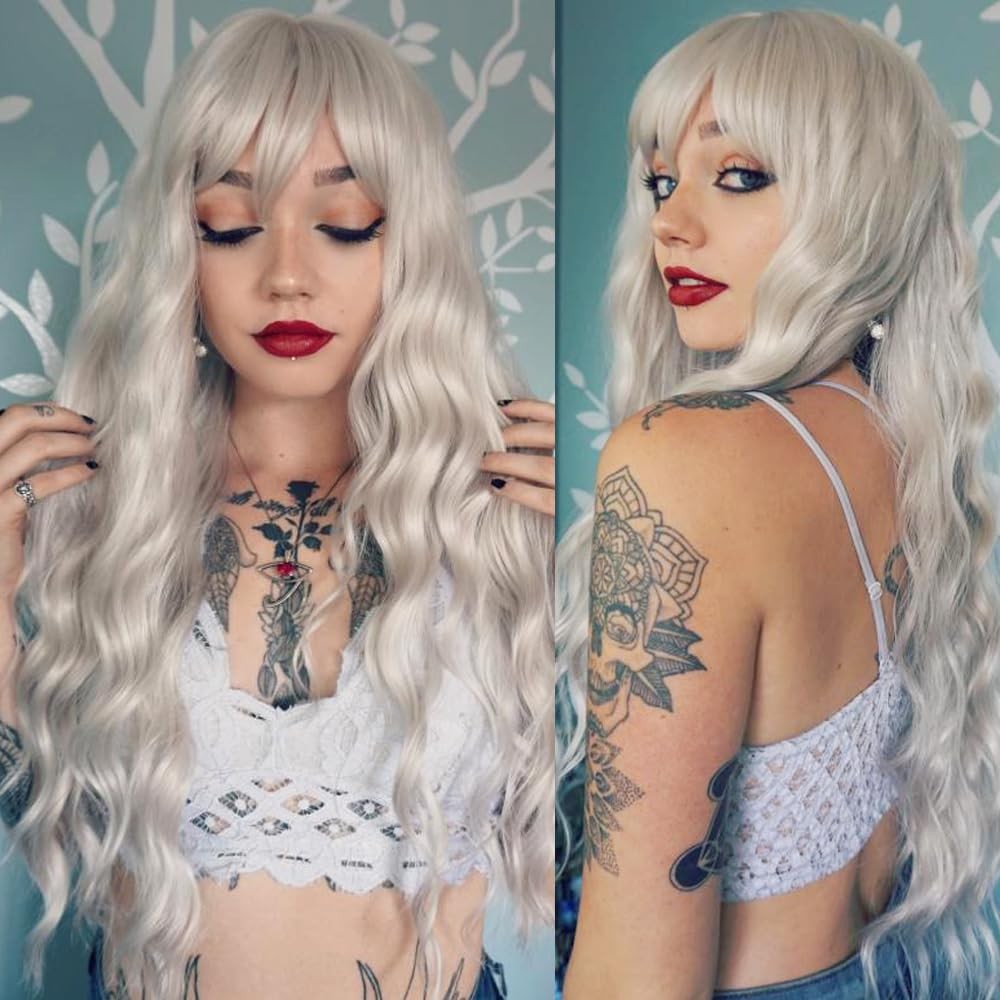 Platinum Blonde Wig with Bangs White Blonde Color Wig Wet and Wavy Long Loose…