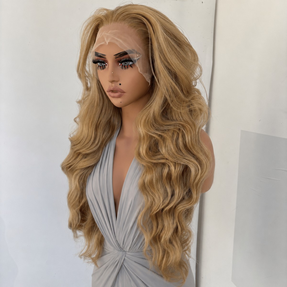Lace Frontal Wig Blended Blonde Long Wavy Synthetic Hair Heat Resistant Layered