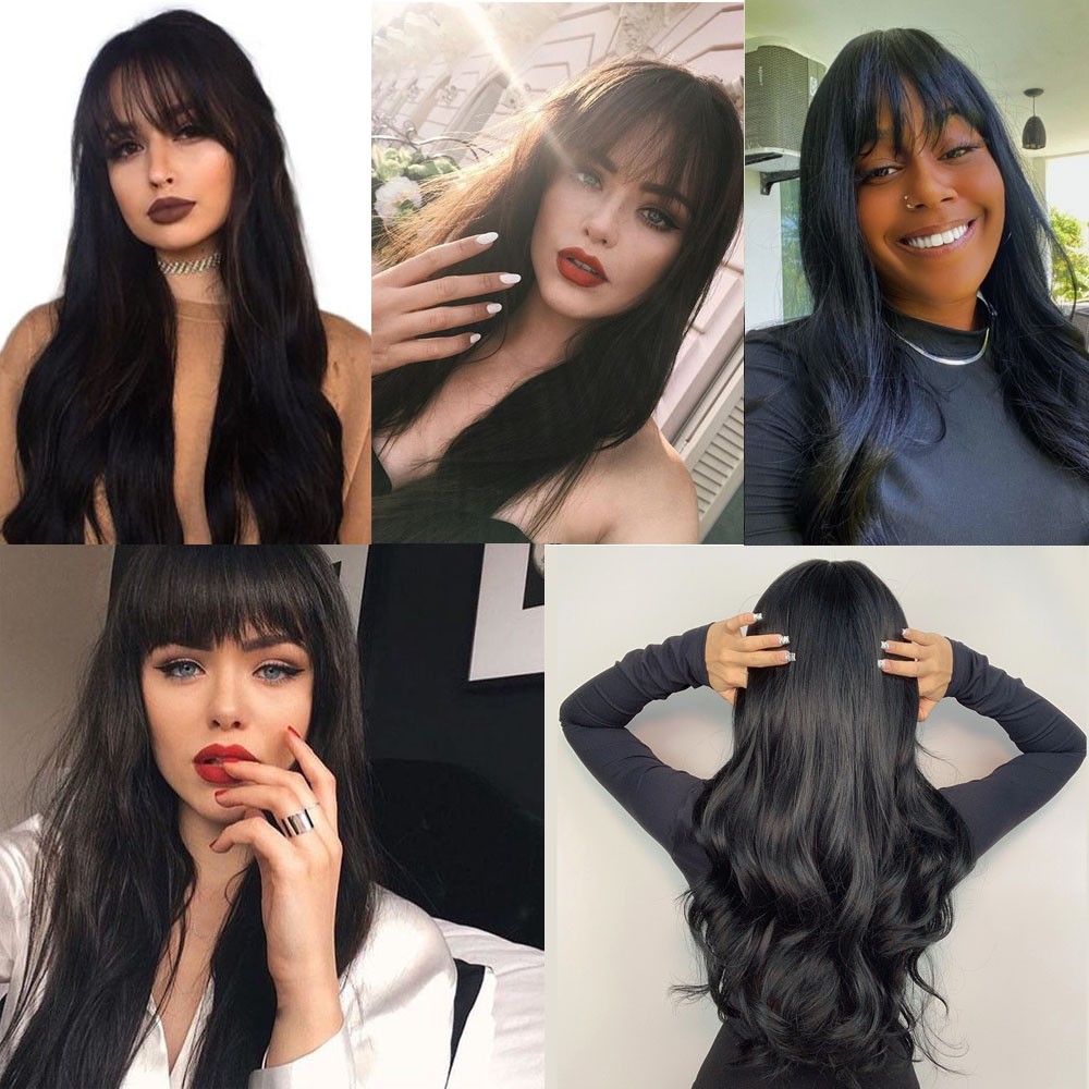 Long Wavy Dress Up Wig With Fringe Black Heat Resistant Synthetic Hair