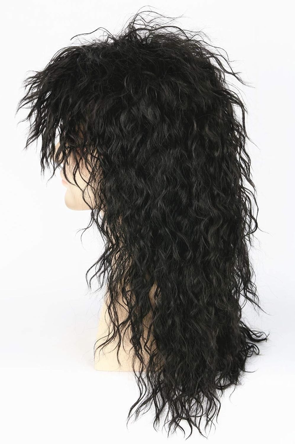 Men’s 80s Black Mullet Wigs Male Hair Punk Heavy Metal Rocker Long Curly Wig USA