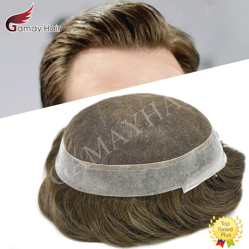 Mens Toupee Hairpiece French Lace Hair System Units Poly Skin Around Wig for Men
