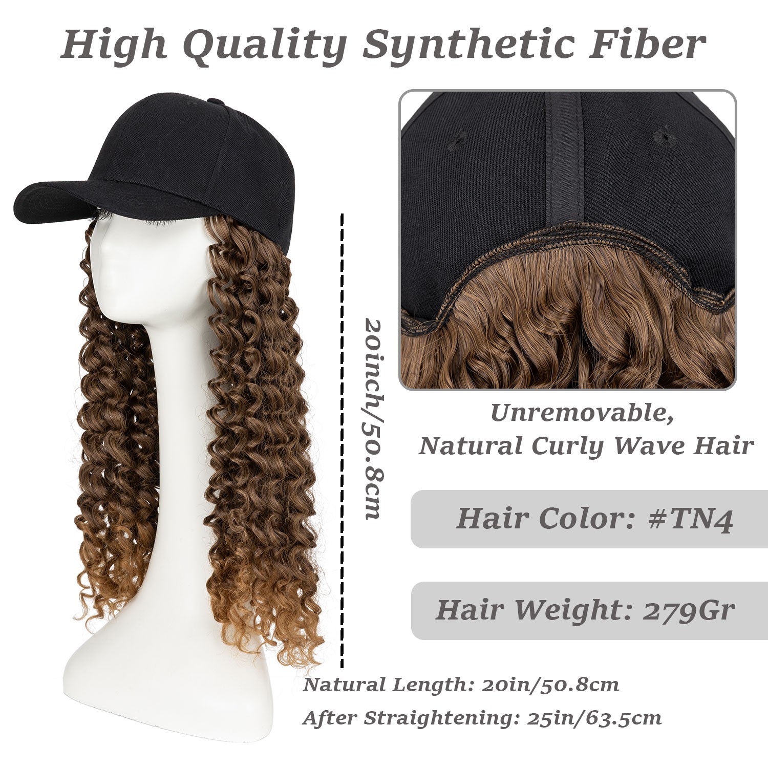 25In Women Black Baseball Cap with Hair Hat Wig Long Curly Deep Wave Hair Wig US