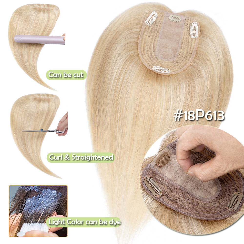 Top Silk Base 100% Remy Human Hair Topper Toupee Top Hairpiece Clip In Bangs Wig