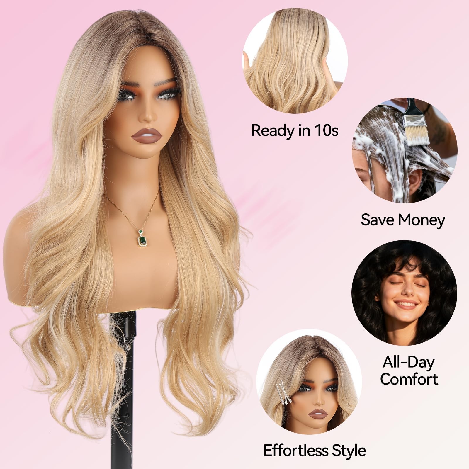 Long Ombre Blonde Wig for Women, 28 Inch Wavy Synthetic Wig with Curtain Bang…