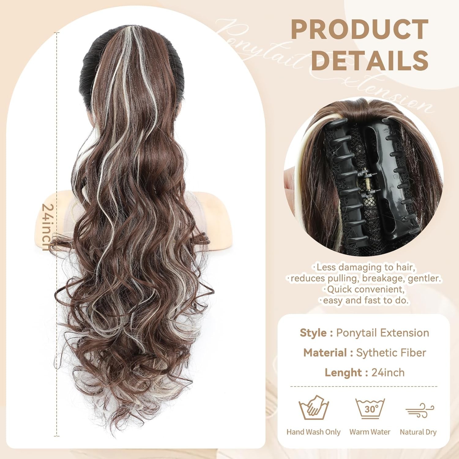 24″ Ponytail Extension, Long Curly Wavy Claw Clip and Natural-Looking Synthetic