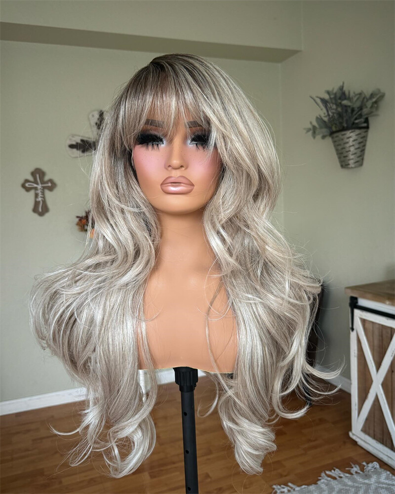 Ombre Ash Gray Blonde Wave Wig with Bangs 13×4 Lace Frontal Wigs Remy Human Hair