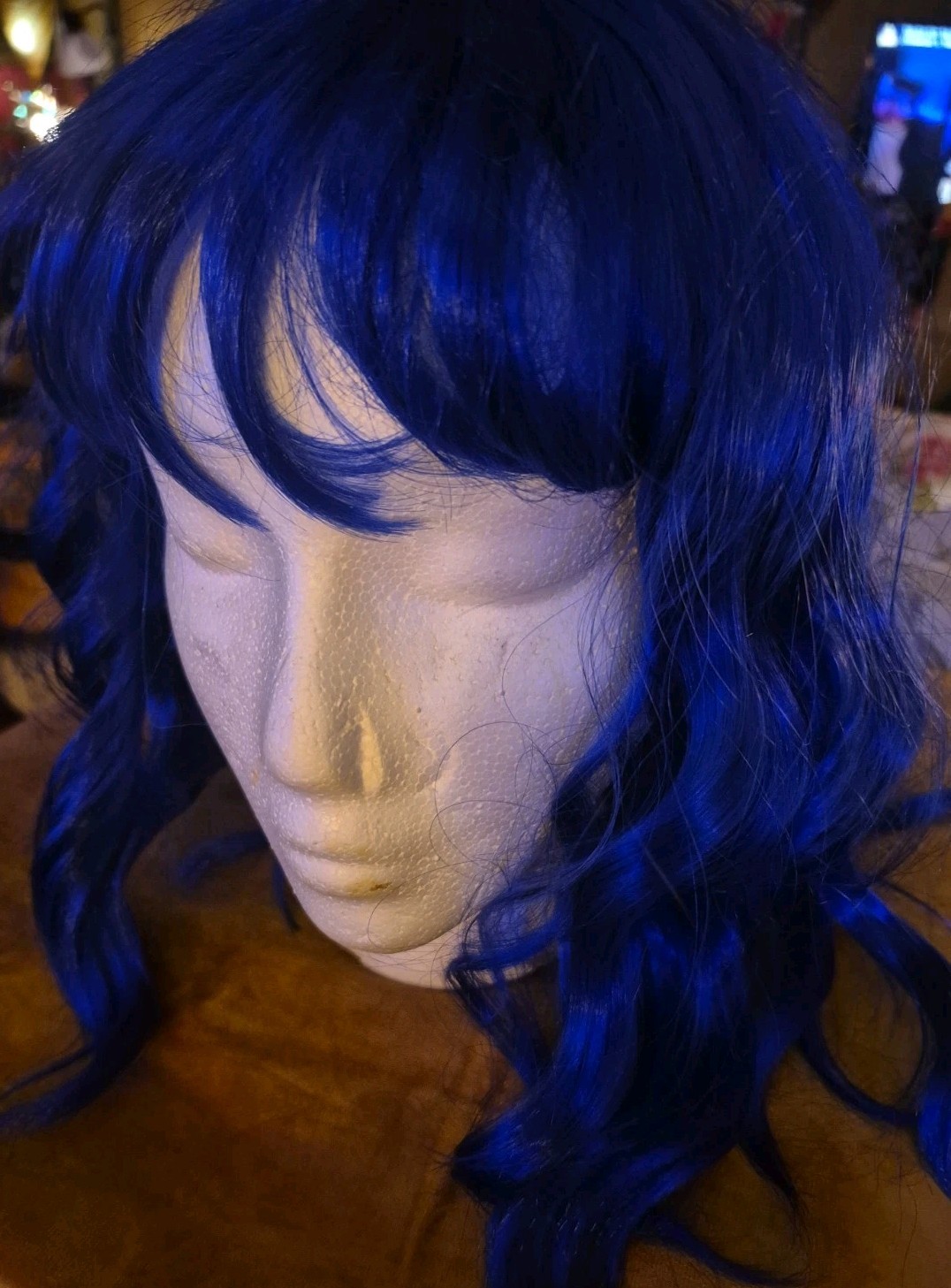 Blue Curly Wavy Bangs Medium Length Women Wig Synthetic Cosplay Anime Wig