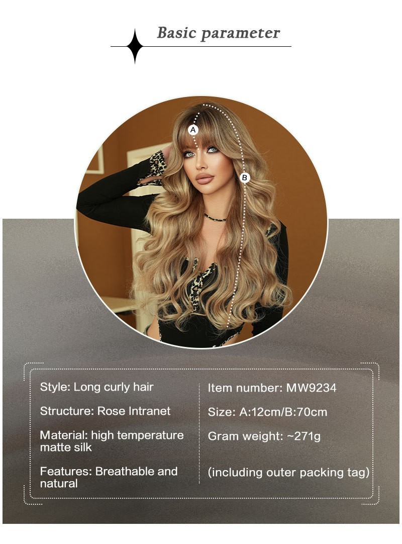 Ombre Blonde Long Curly Wig with Bangs Synthetic Wavy Hair Wigs for Women 27.5″