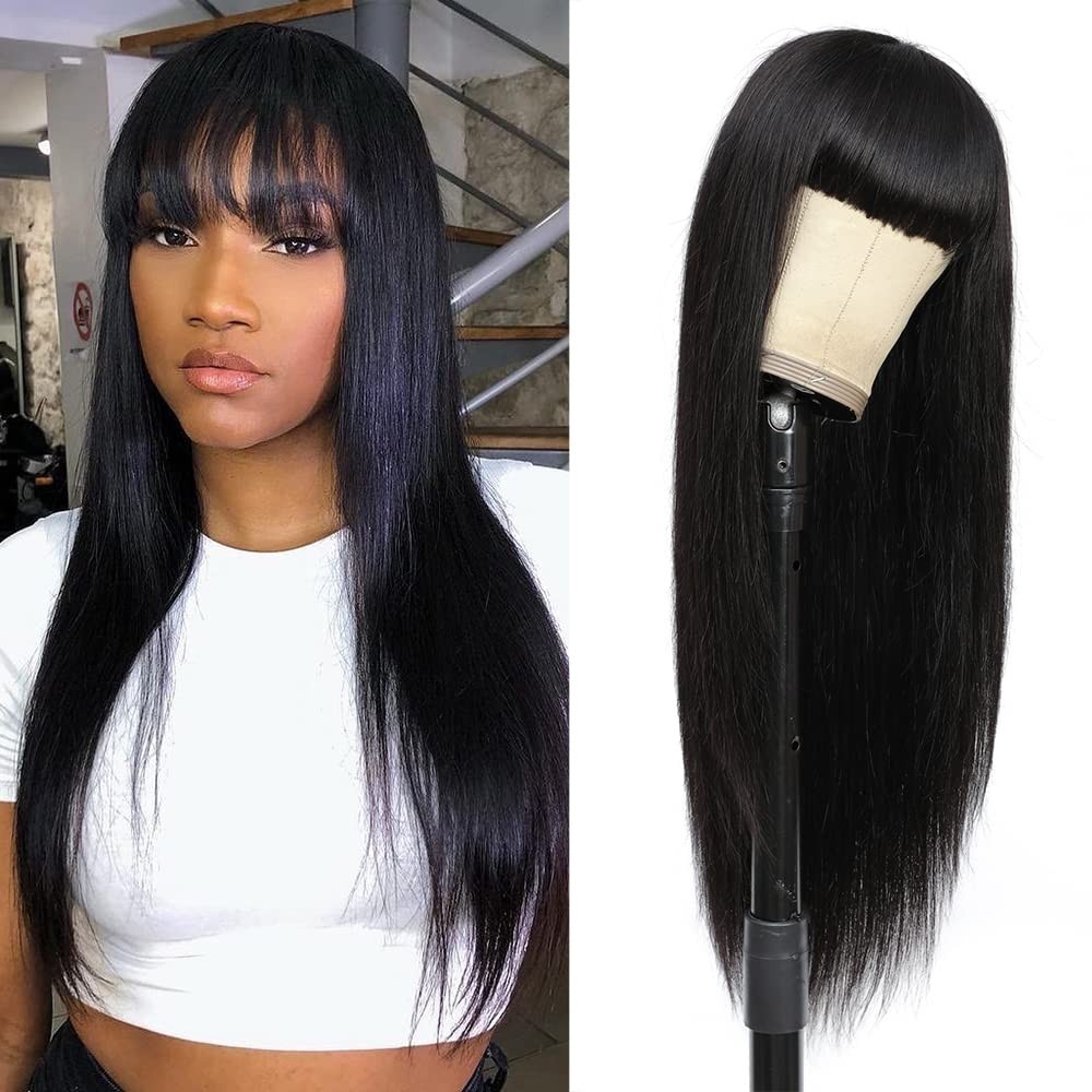 Long Straight Wig with Bangs Human Hair Wigs Glueless Machine Made Wig with Bang