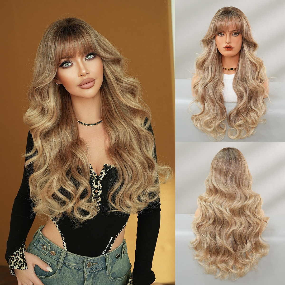Ombre Blonde Long Curly Wig with Bangs Synthetic Wavy Hair Wigs for Women 27.5″