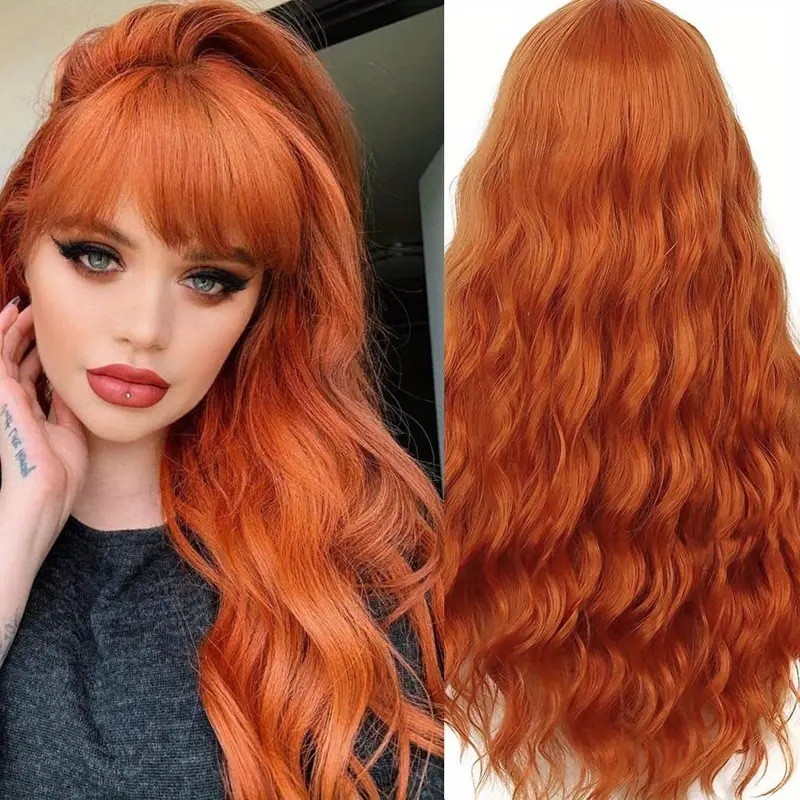 Multicolor Water Wave Long Curly Wig with Bangs Heat Resistant Synthetic Full