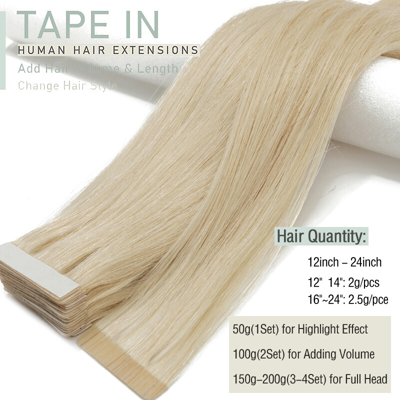 Invisible Tape in Remy Human Hair Extensions Skin Weft Balayage Indian 10pcs