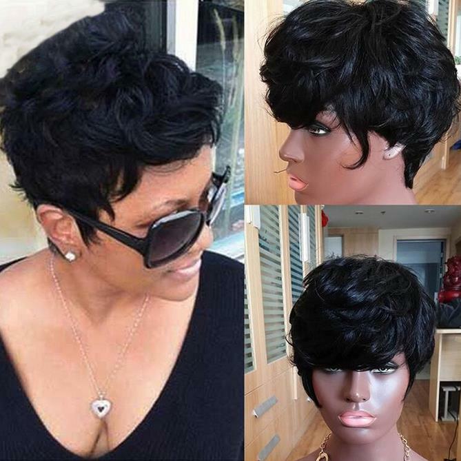 Short Black Curly Wig Pixie Cut Human Hair Wigs No Lace Glueless Wave Wig Soft