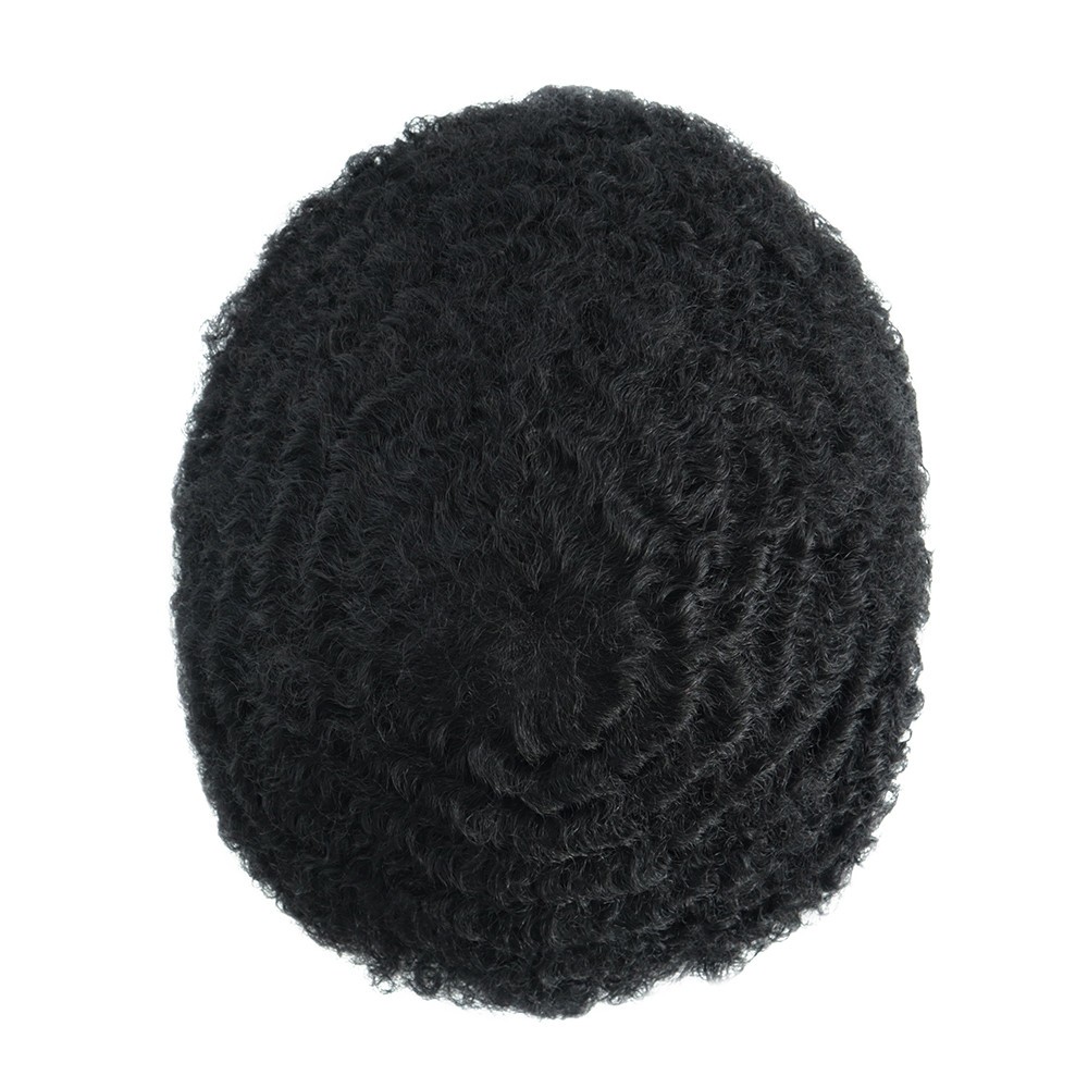 Mens Human Hair System Afro Curl Poly Skin Toupee Curly Black Hair Pieces
