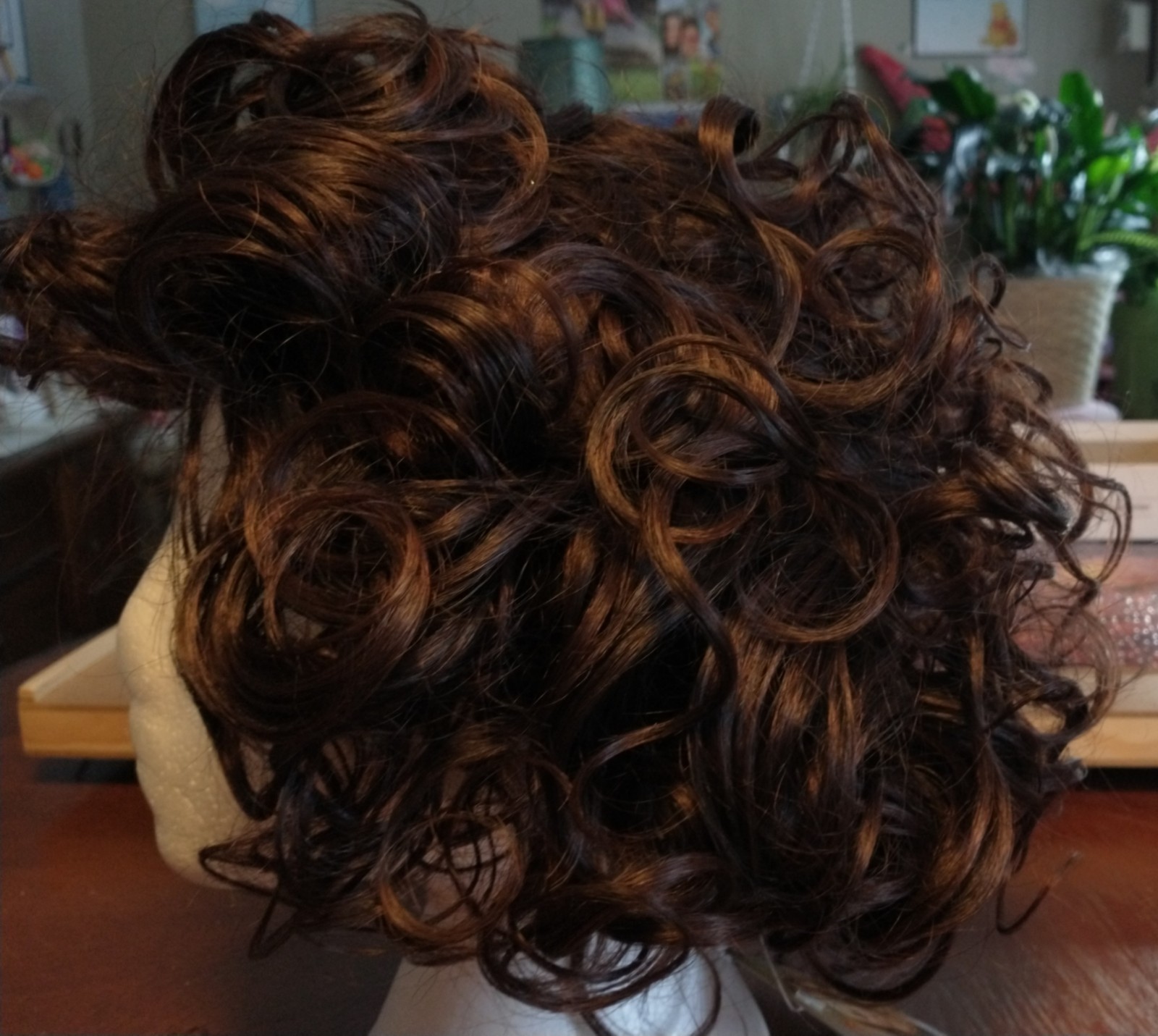 Women’s Brunette Curly Wig With Tag~New~Net~Care Instructions~Adjustable Fit~EXC