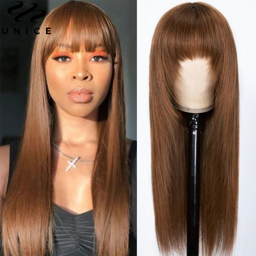 UNice Cambodian Brown Yaki Straight Human Hair Wig with Bangs Lace Wig Layer Cut