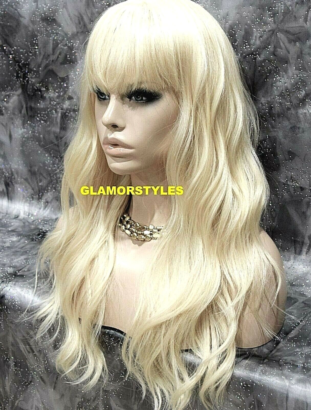 FULL WIG LONG LAYERED WAVY WITH BANGS BLEACH BLONDE #613 HEAT OK NWT