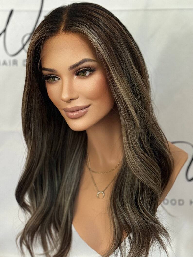 18 inch Ash Brown Highlight Lace Front Wig Human Hair Pre Plucked Body Wave