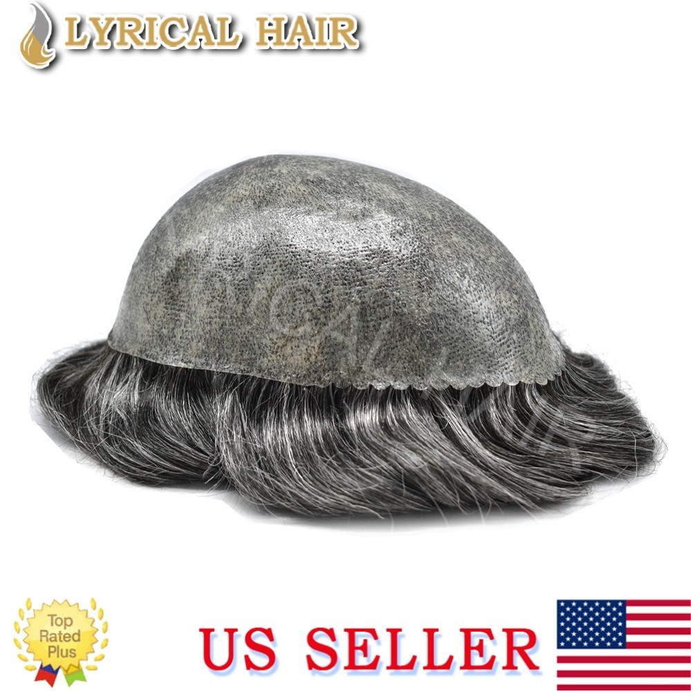 US Mens Toupee All Poly PU Skin Human Hair Replacement System Durable Hairpiece