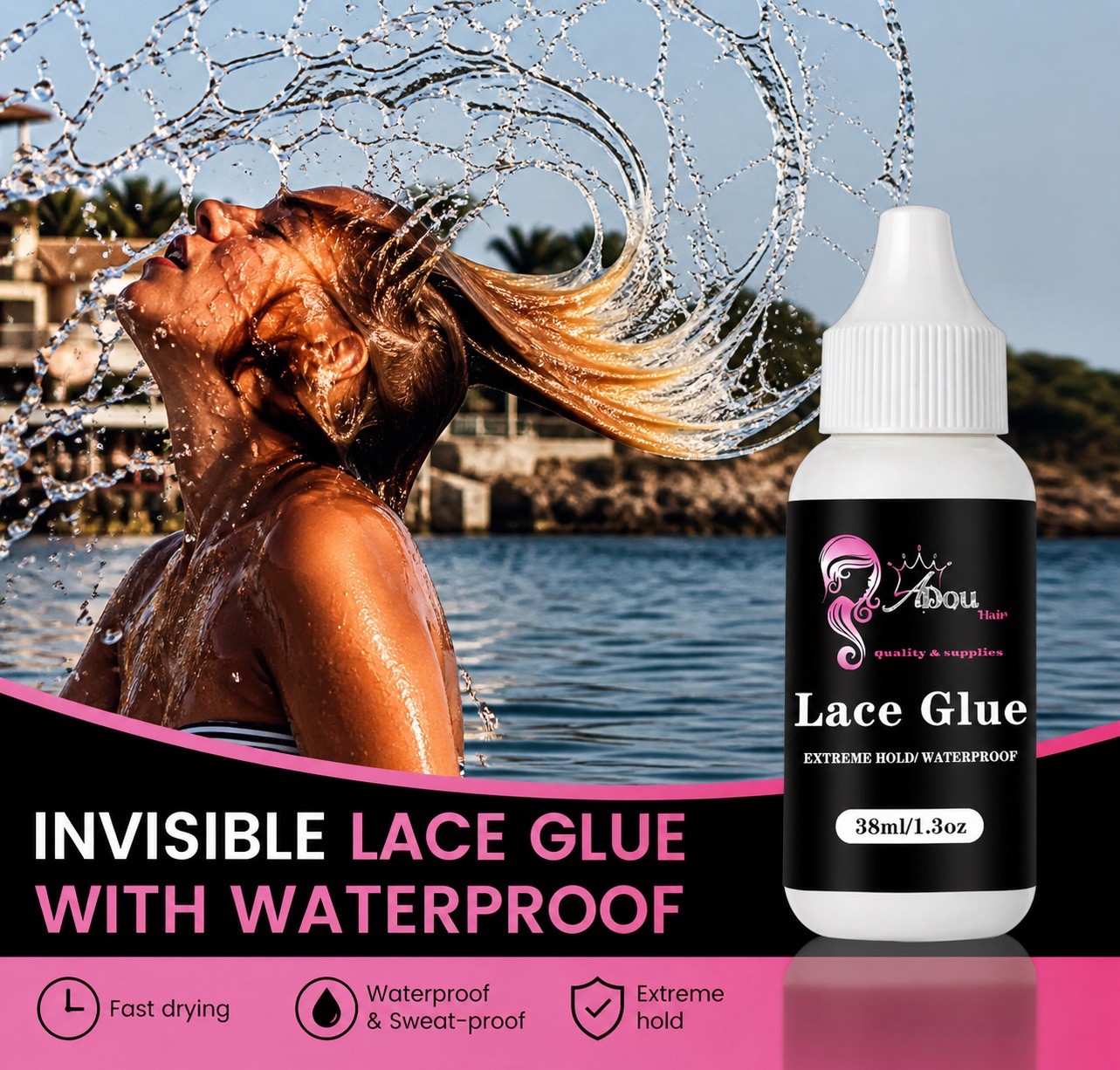 Abou Hair Extreme Hold Waterproof Lace Glue, Invisible 38ml/1.3oz