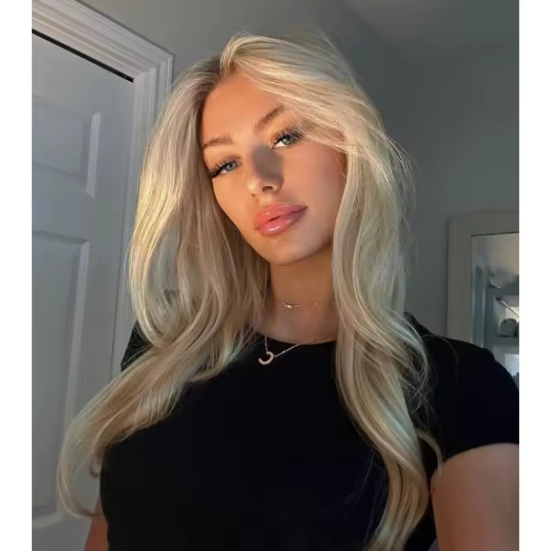Long Straight Soft Blonde Wigs with Ash Roots 100% Human Hair Wigs Pre Plucked