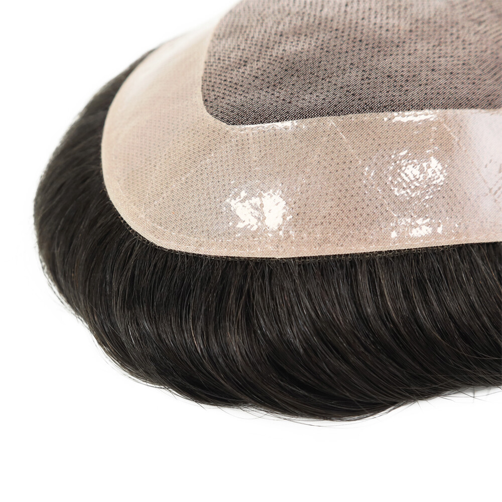 Durable Fine Mono Mens Toupee Human Hair Replacement System Lace Poly Hairpiece