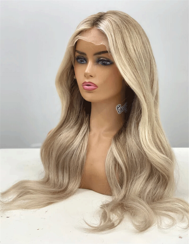 Balayage Ash Blonde Lace Front Wig Ombre Platinum Blonde Highlights Remy Hair