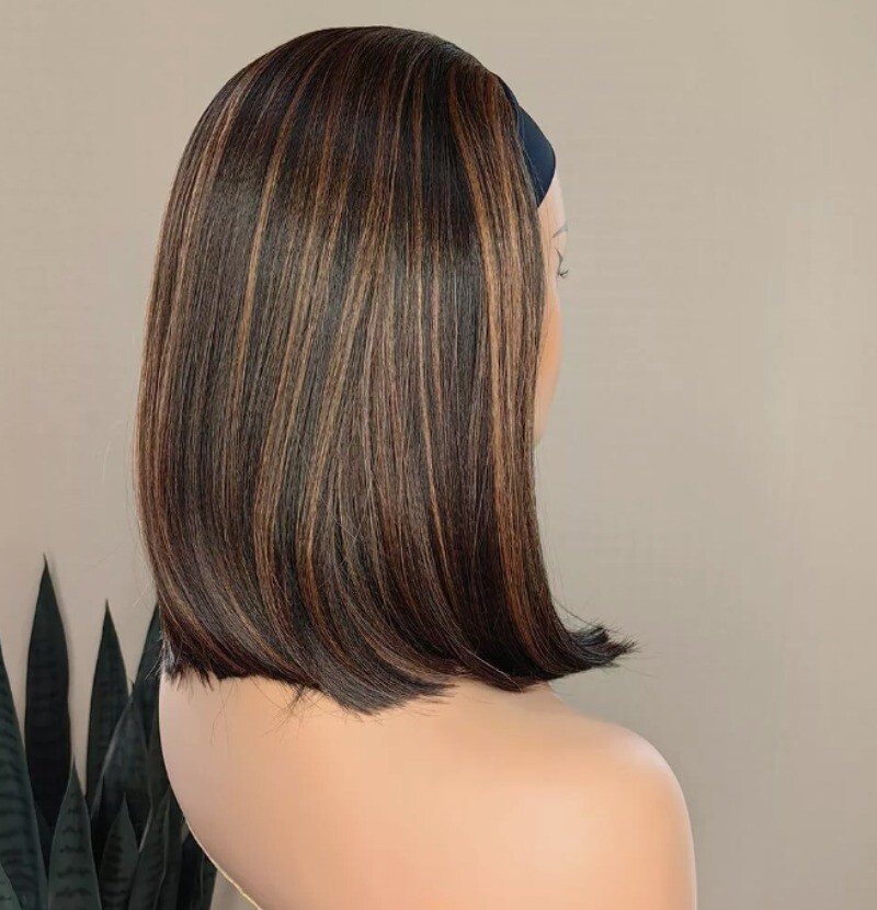 Mixed Brown Short Straight Synthetic Headband Wigs for Black Women Bob Hair Wigs