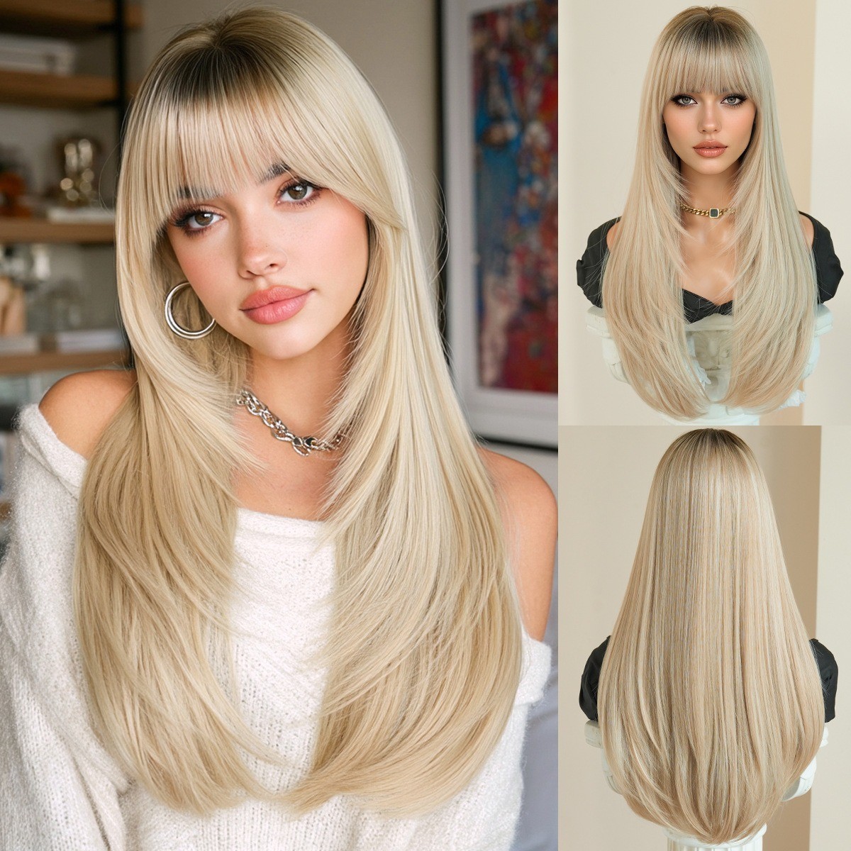 Long straight hair multi-layered fringe with fluffy synthetic heat-resistant fib