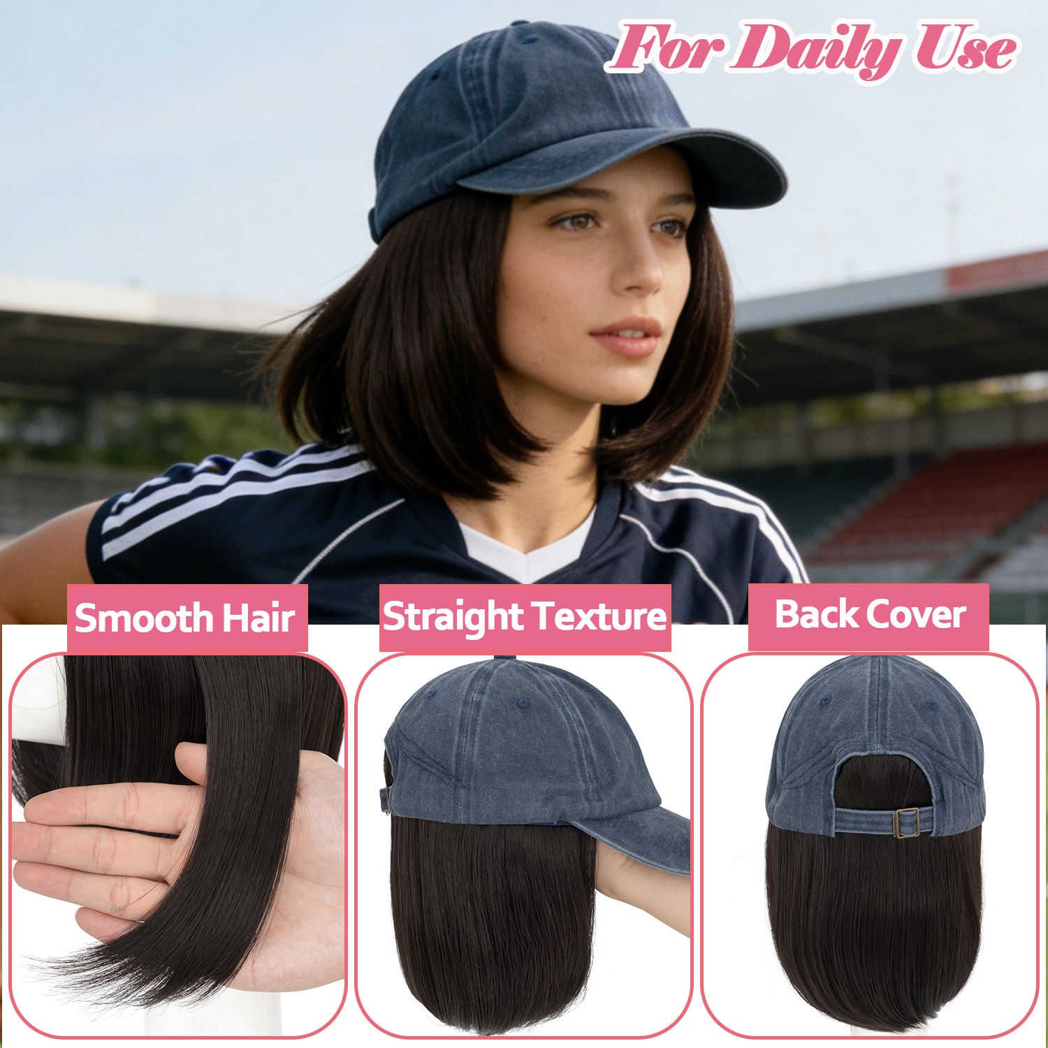 Instant Style 6″ Straight Cap Wig Adjustable Baseball Hat with Attached Hair Wig
