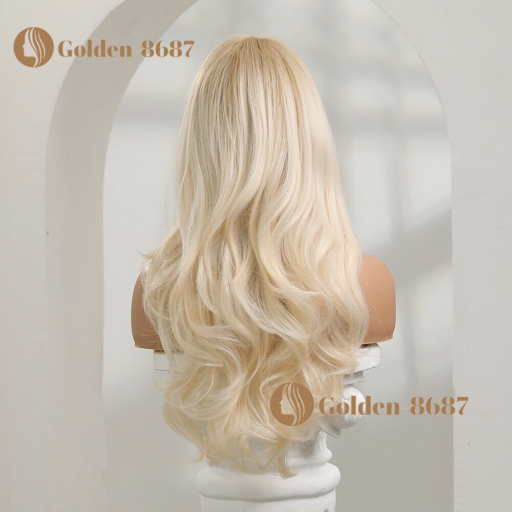Long Wavy Platinum Blonde Hair Wigs Bangs Women Fashion Natural Daily Cosplay US