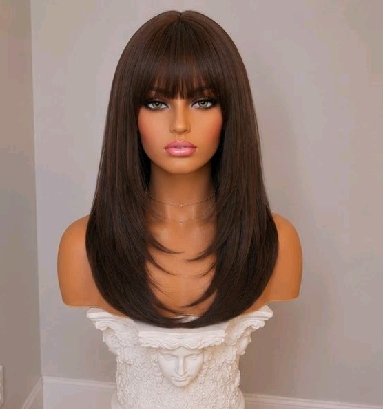 Wig – Human Hair Blend – Long Straight Layered Dark Brown Bangs Heat Resistant