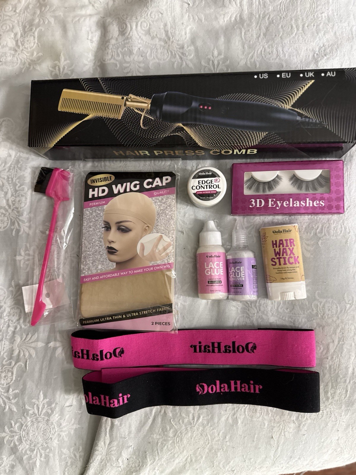 Dolahair Electric Hot Comb Wig Installation Kit 9 Pc Lace Melt Bands Glue NEW