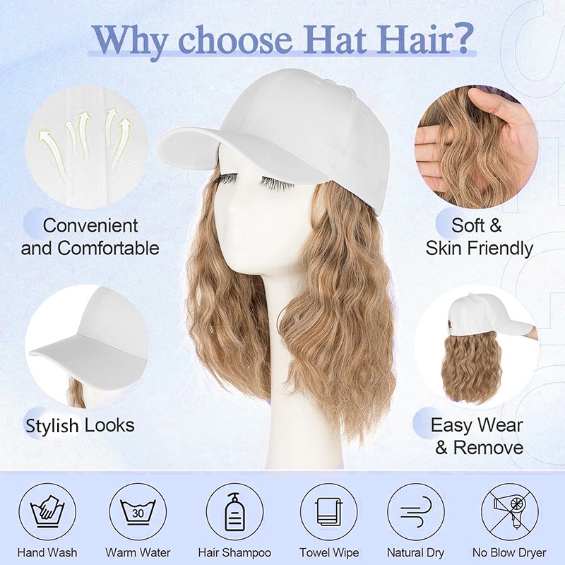 6in 8in Women Bob Baseball Hat with Synthetic Hair Extensions Curly Baseball Cap