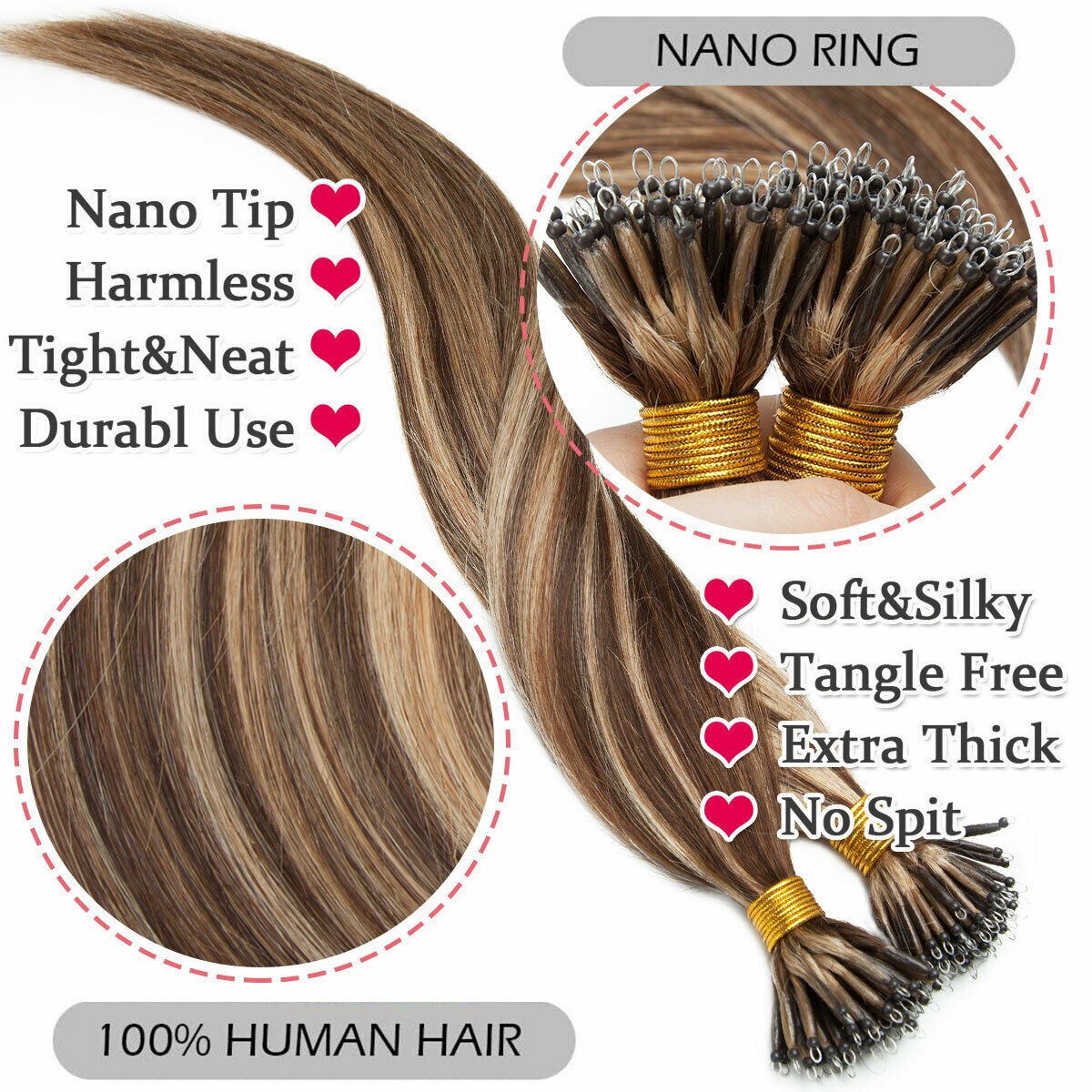 Nano Ring Hair Extensions Premium Remy Human Hair Micro Nano Bead Full HeadThick